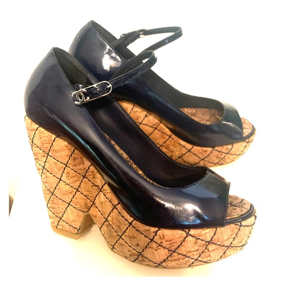Chanel Patent Leather Quilted Cork Wedge Platforms - Picture 1 of 7